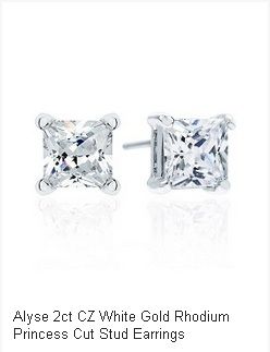 2ct CZ White Gold Rhodium Princess Cut Stud Earrings