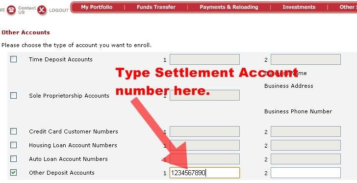 Settlement account number input at BPIExpressOnline