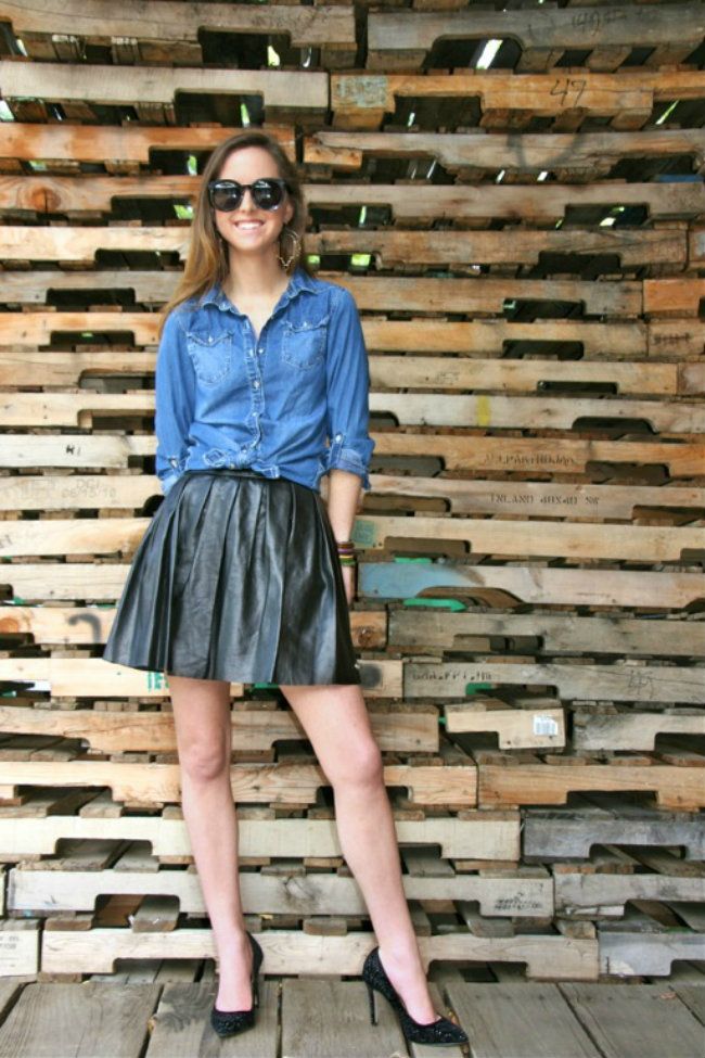 Denim Shirt and Pleated Leather Skirt