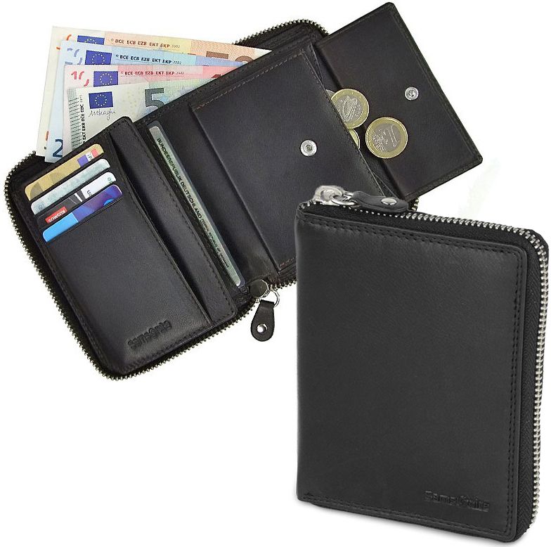 Samsonite Wallet 54783 Zipper Black Leather Trifold Coin Compartment ...